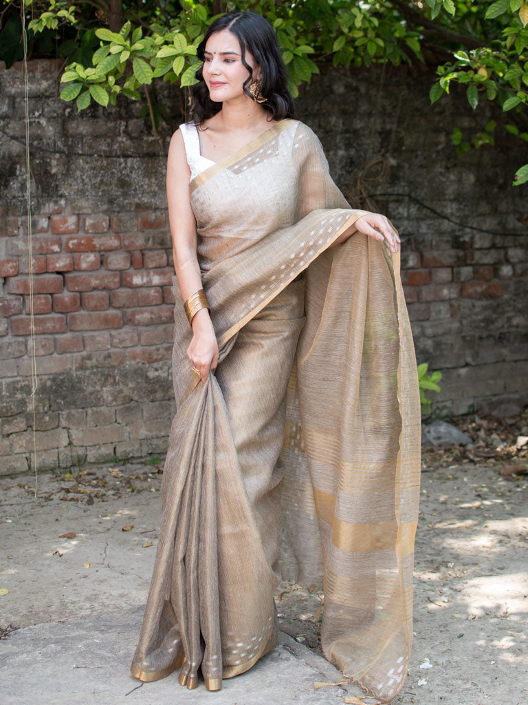 Banarasi Cotton Linen Saree With Resham Weaving & Zari Border-Brown