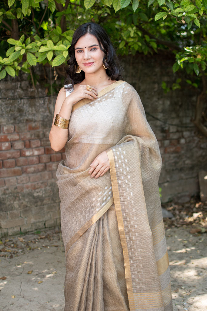 Banarasi Cotton Linen Saree With Resham Weaving & Zari Border-Brown