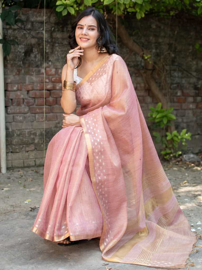 Banarasi Cotton Linen Saree With Resham Weaving & Zari Border-Peach