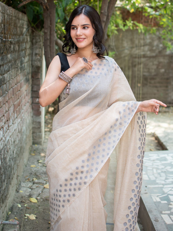 Banarasi Cotton Linen Saree With Resham Weaving & Resham Border-Beige
