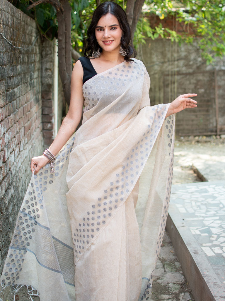 Banarasi Cotton Linen Saree With Resham Weaving & Resham Border-Beige