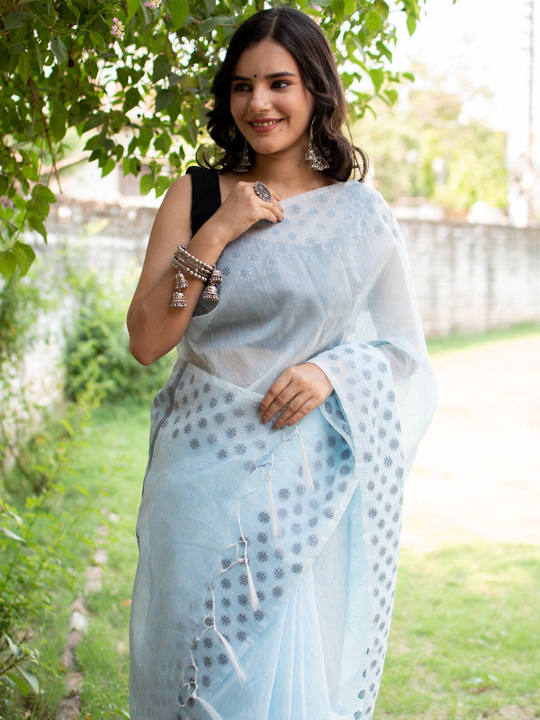 Banarasi Cotton Linen Saree With Resham Weaving & Resham Border-Blue