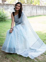 Banarasi Cotton Linen Saree With Resham Weaving & Resham Border-Blue