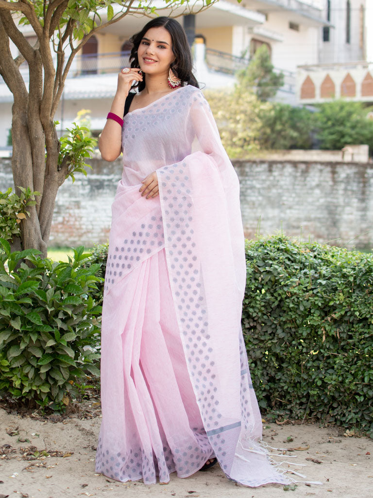 Banarasi Cotton Linen Saree With Resham Weaving & Resham Border-Pink