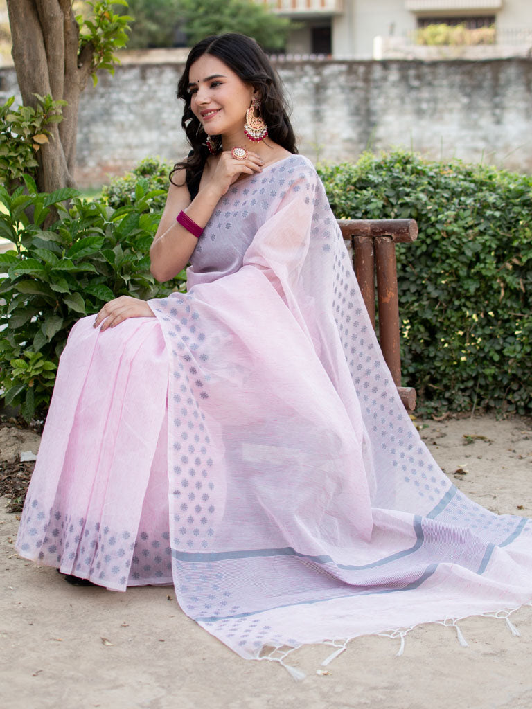Banarasi Cotton Linen Saree With Resham Weaving & Resham Border-Pink