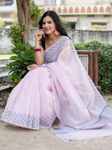 Banarasi Cotton Linen Saree With Resham Weaving & Resham Border-Pink