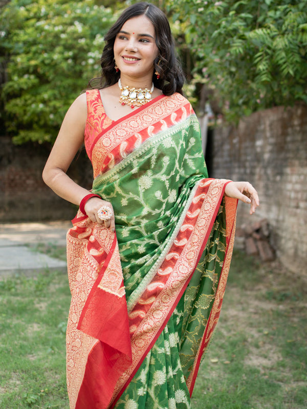 Banarasi Kora Saree With Heavy Jaal Weaving & Contrast Border-Green