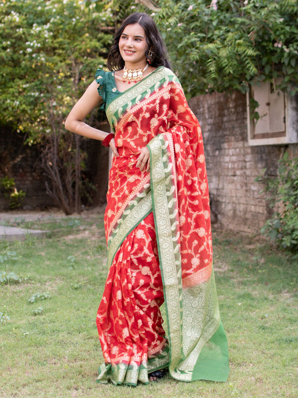 Banarasi Kora Saree With Heavy Jaal Weaving & Contrast Border-Red
