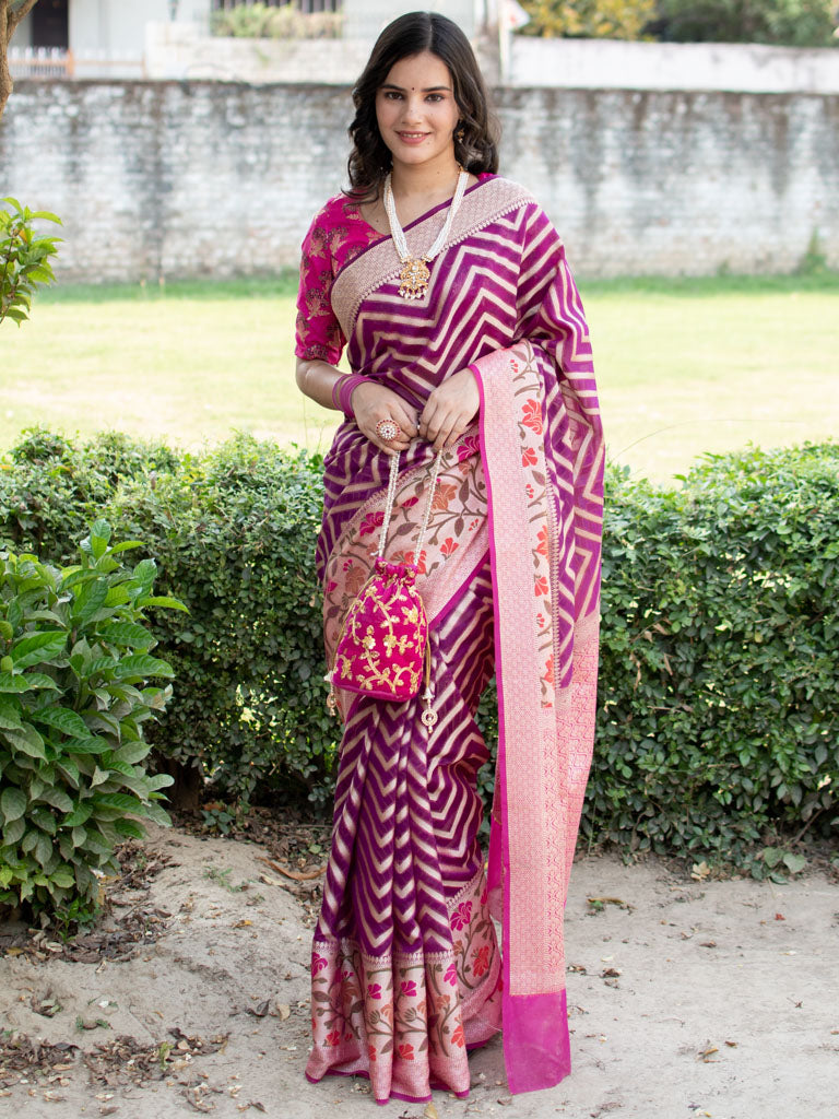 Banarasi Semi Chiffon Saree  Zari  Aada Weaving & Meena Border-Violet