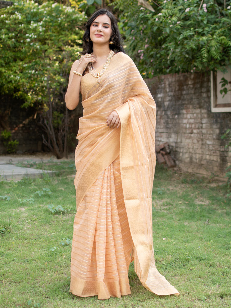 Banarasi  Soft Cotton Saree With Zari Weaving-Peach