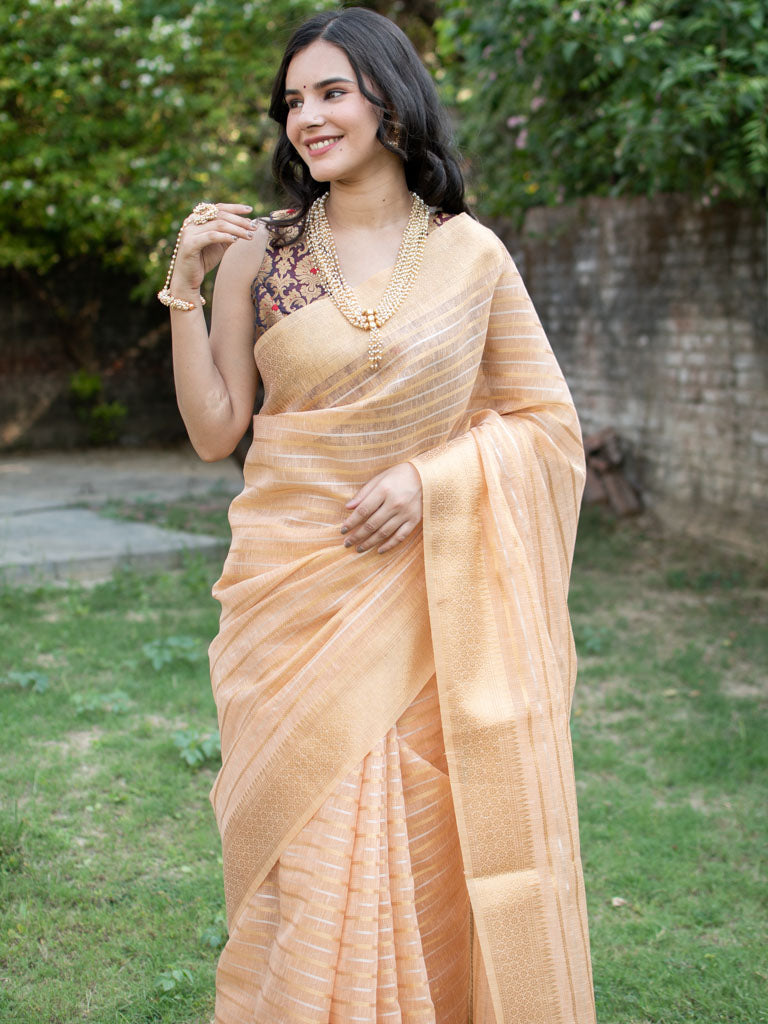 Banarasi  Soft Cotton Saree With Zari Weaving-Peach