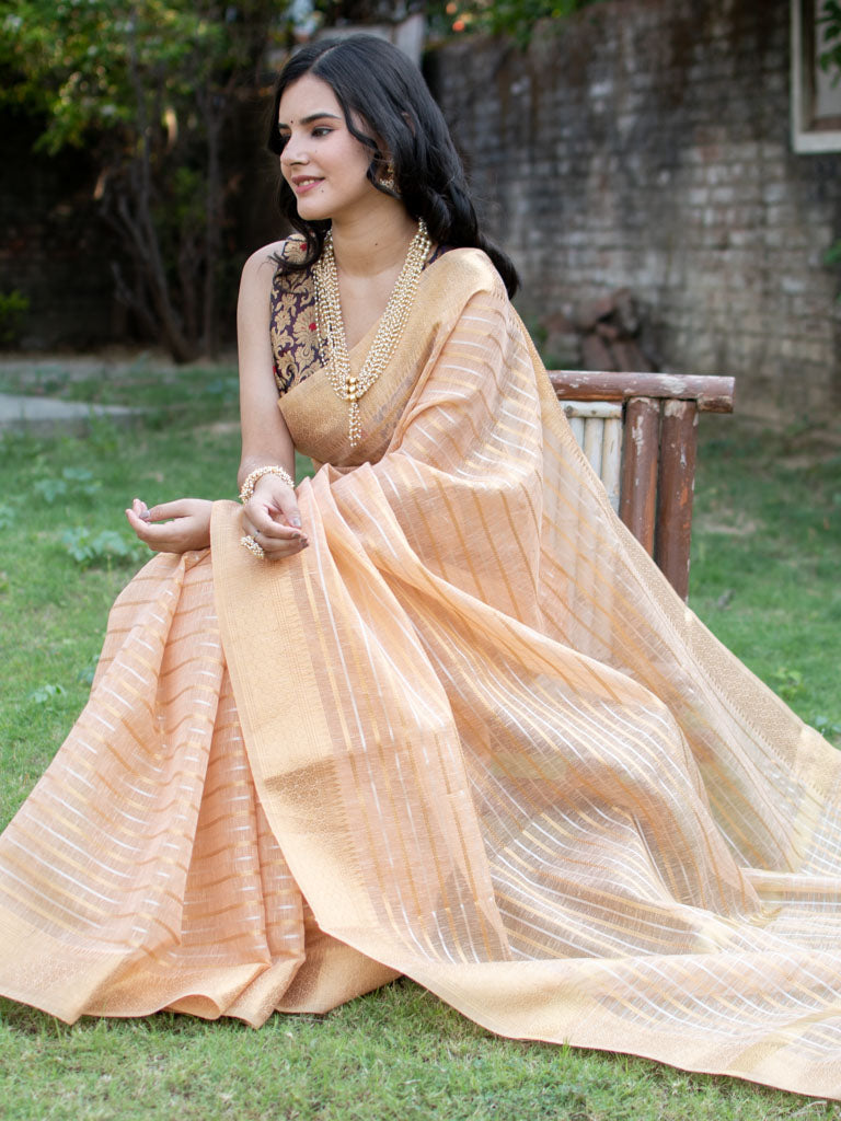 Banarasi  Soft Cotton Saree With Zari Weaving-Peach