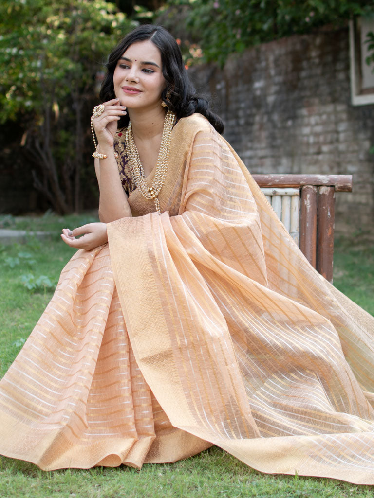 Banarasi  Soft Cotton Saree With Zari Weaving-Peach