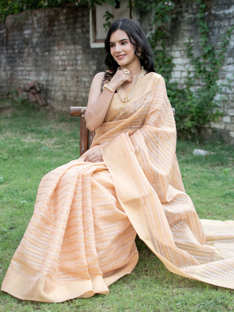 Banarasi  Soft Cotton Saree With Zari Weaving-Peach