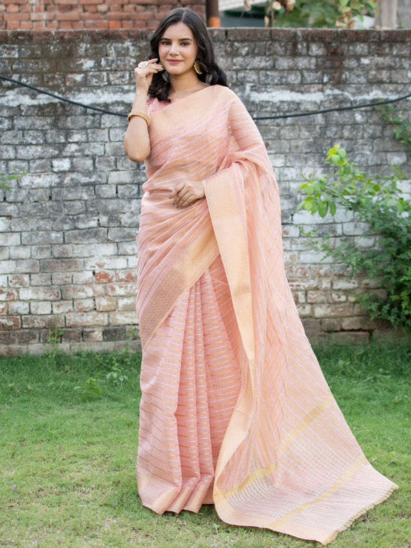 Banarasi  Soft Cotton Saree With Zari Weaving-Pink