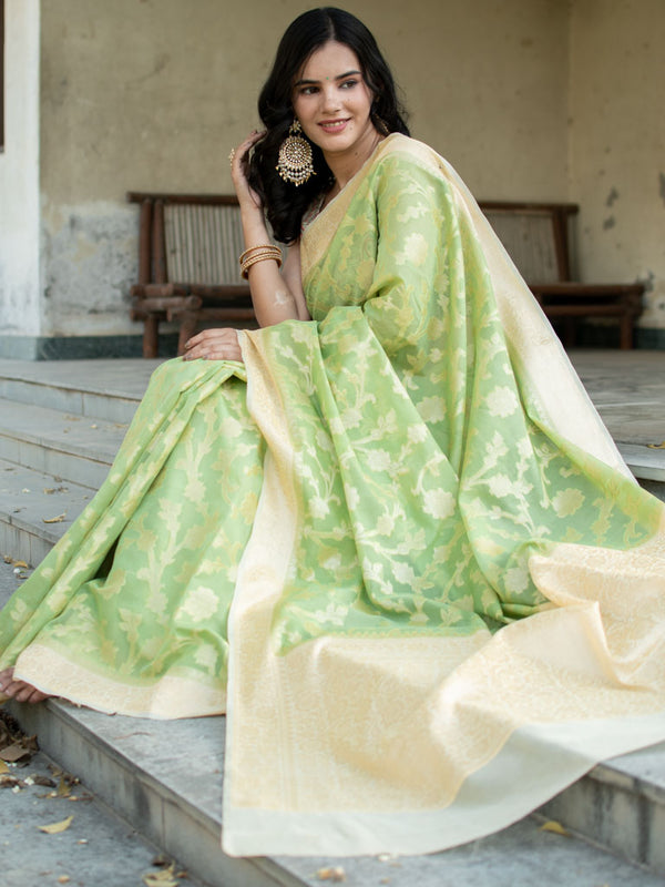 Banarasi Kora Saree With Zari Jaal Weaving & Contrast Border-Green