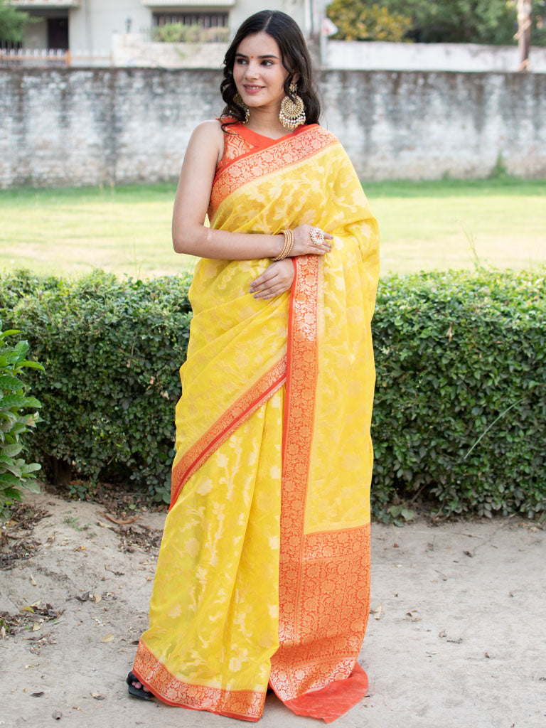 Banarasi Kora Saree With Zari Jaal Weaving & Contrast Border-Yellow