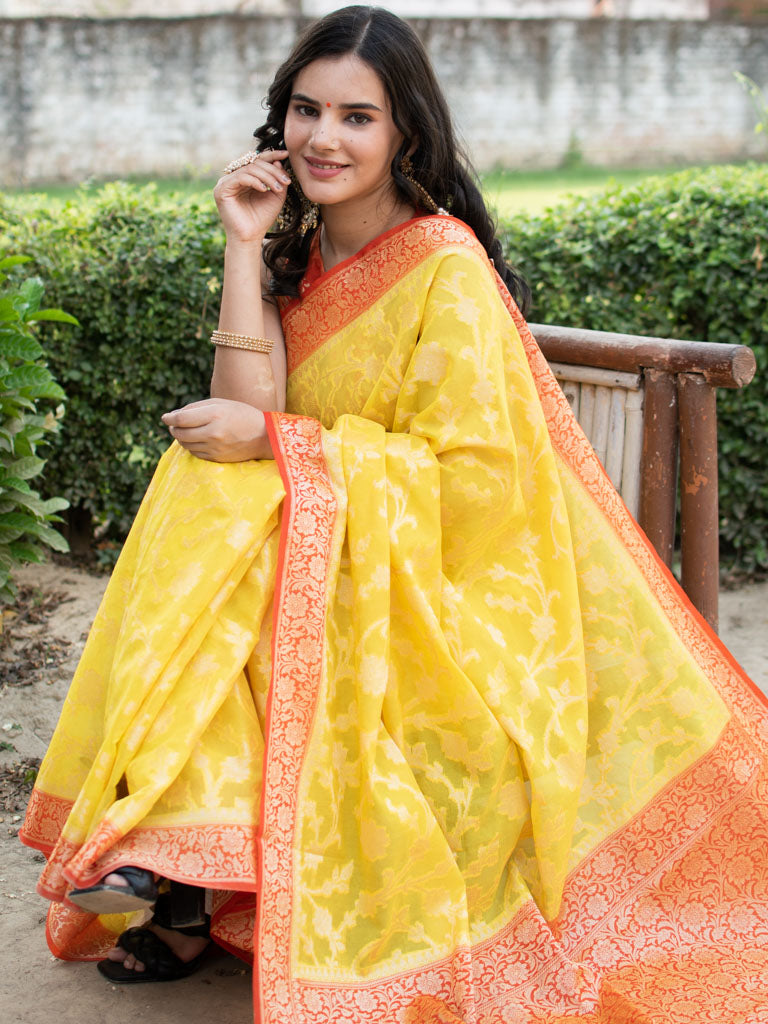 Banarasi Kora Saree With Zari Jaal Weaving & Contrast Border-Yellow