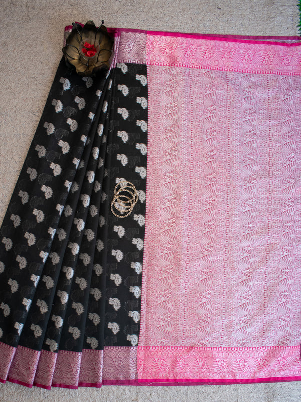 Banarasi Soft Cotton Silk Saree With Zari Weaving & Border-Black