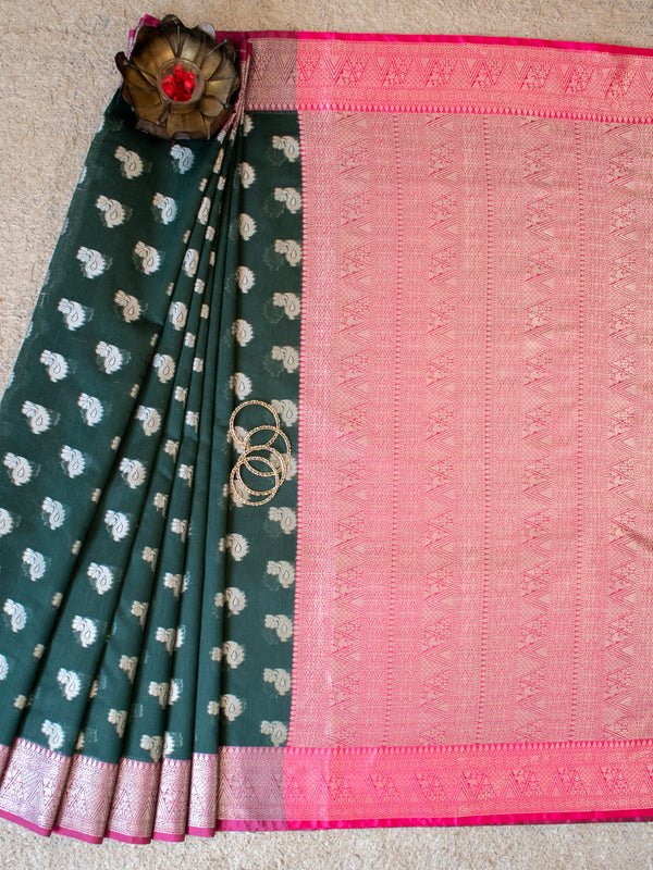 Banarasi Soft Cotton Silk Saree With Zari Weaving & Border-Green