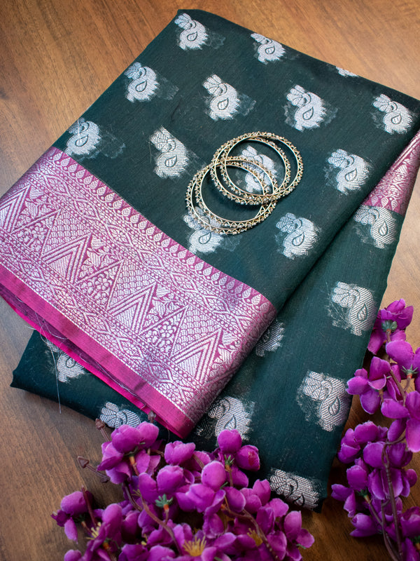 Banarasi Soft Cotton Silk Saree With Zari Weaving & Border-Green