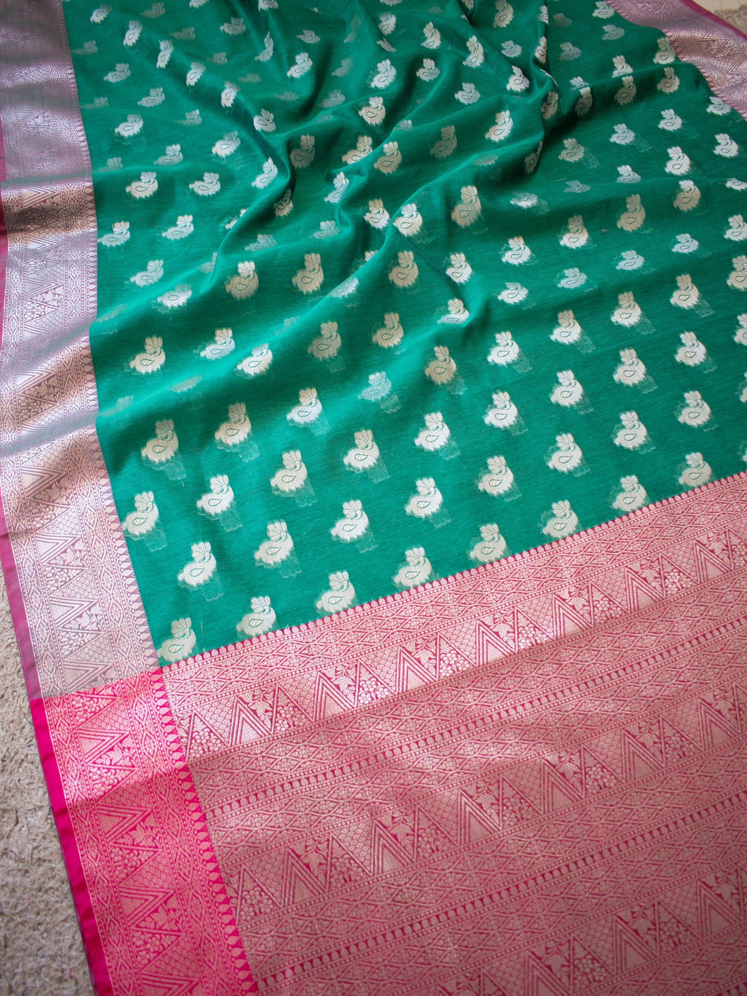 Banarasi Soft Cotton Silk Saree With Zari Weaving & Border- Green