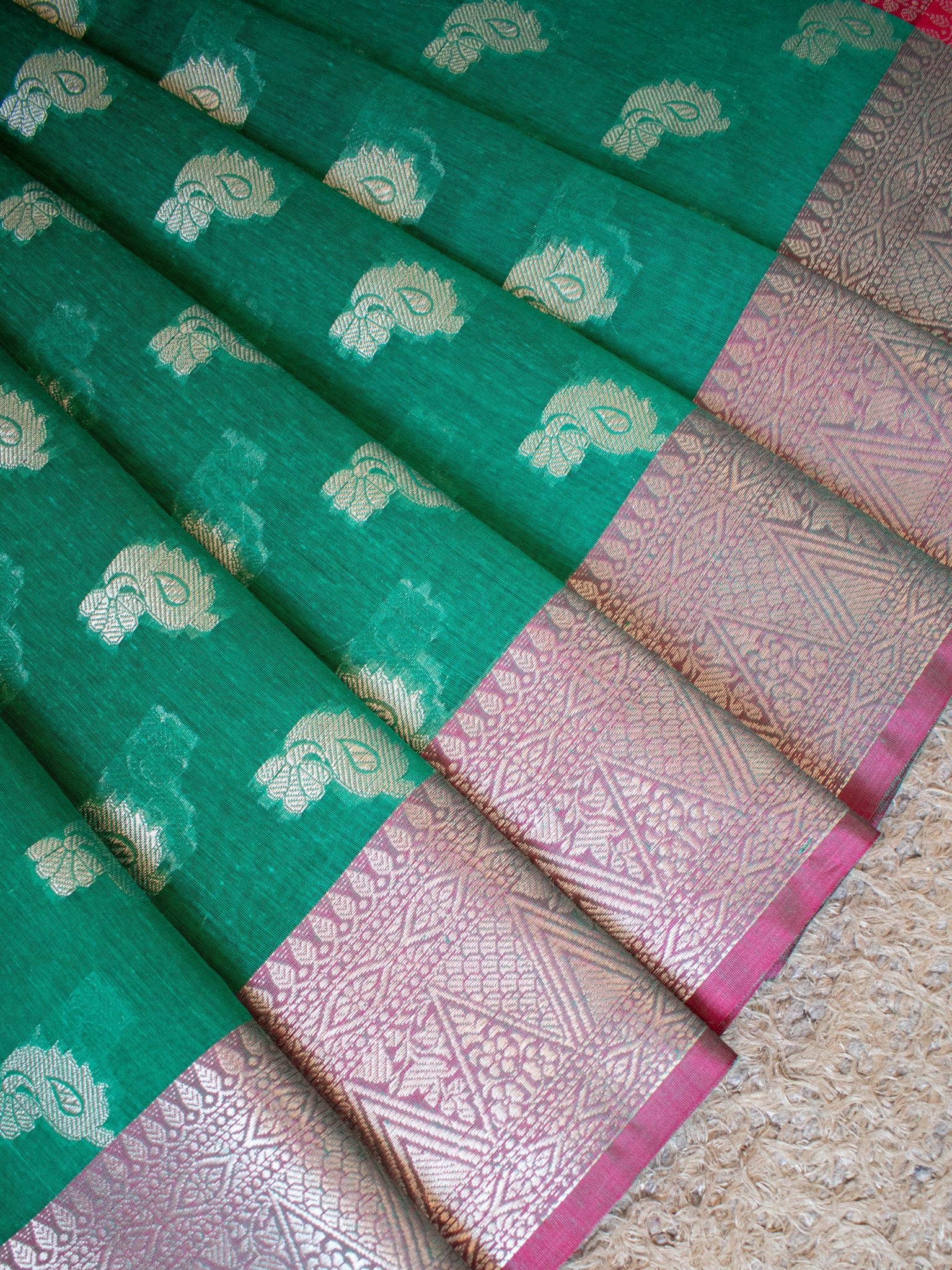 Banarasi Soft Cotton Silk Saree With Zari Weaving & Border- Green