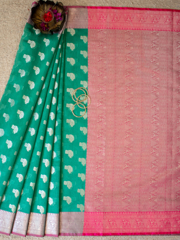 Banarasi Soft Cotton Silk Saree With Zari Weaving & Border- Green