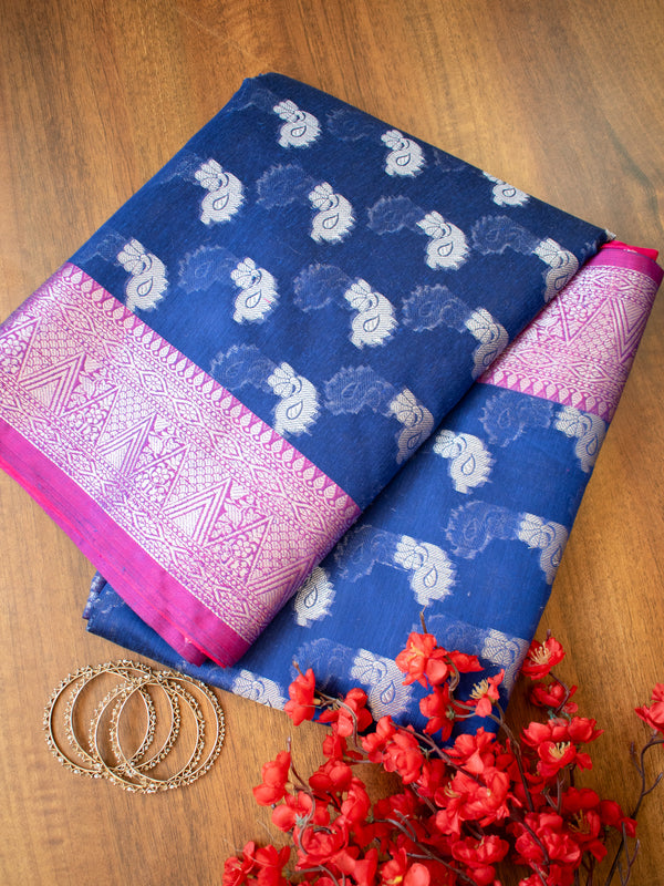 Banarasi Soft Cotton Silk Saree With Zari Weaving & Border- Blue