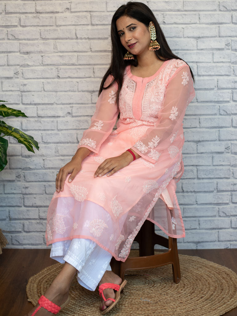 Readymade Floral Chikankari Georgette Kurti-Baby Pink