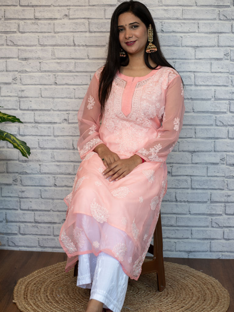 Readymade Floral Chikankari Georgette Kurti-Baby Pink