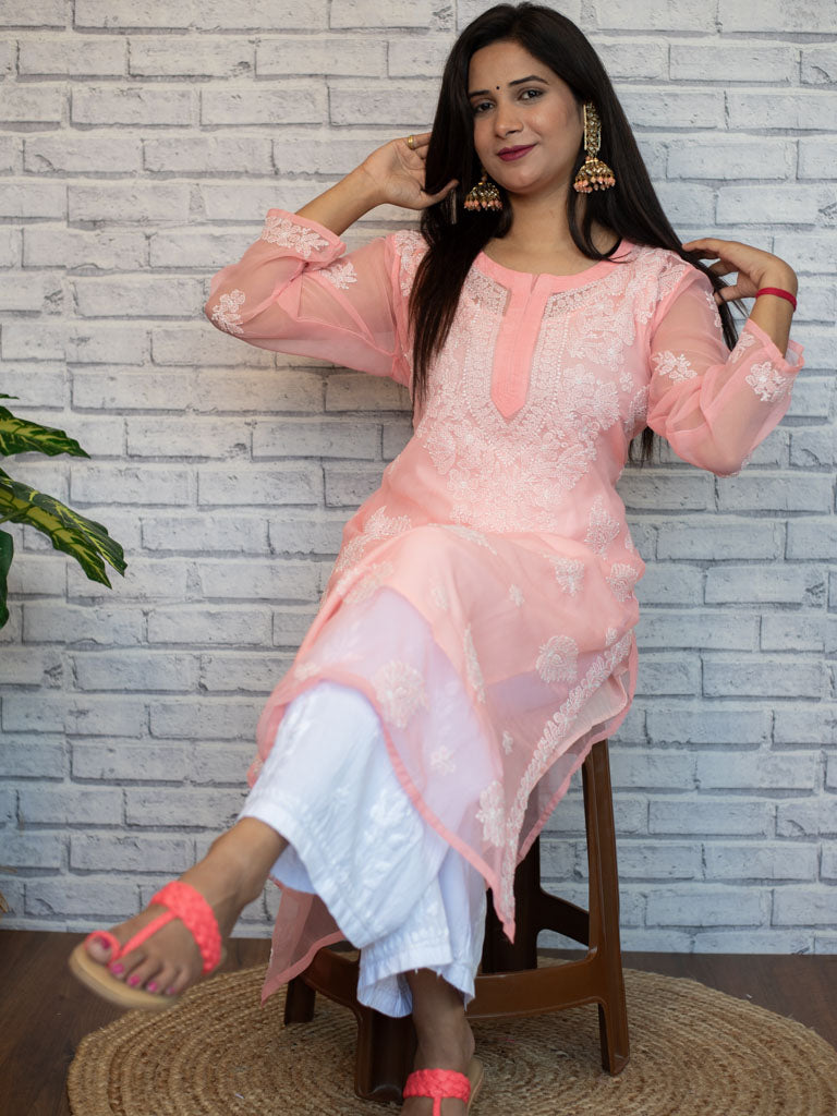 Readymade Floral Chikankari Georgette Kurti-Baby Pink