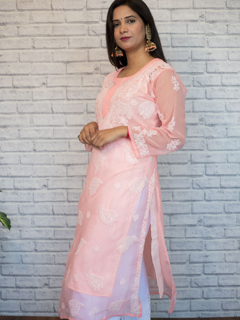 Readymade Floral Chikankari Georgette Kurti-Baby Pink