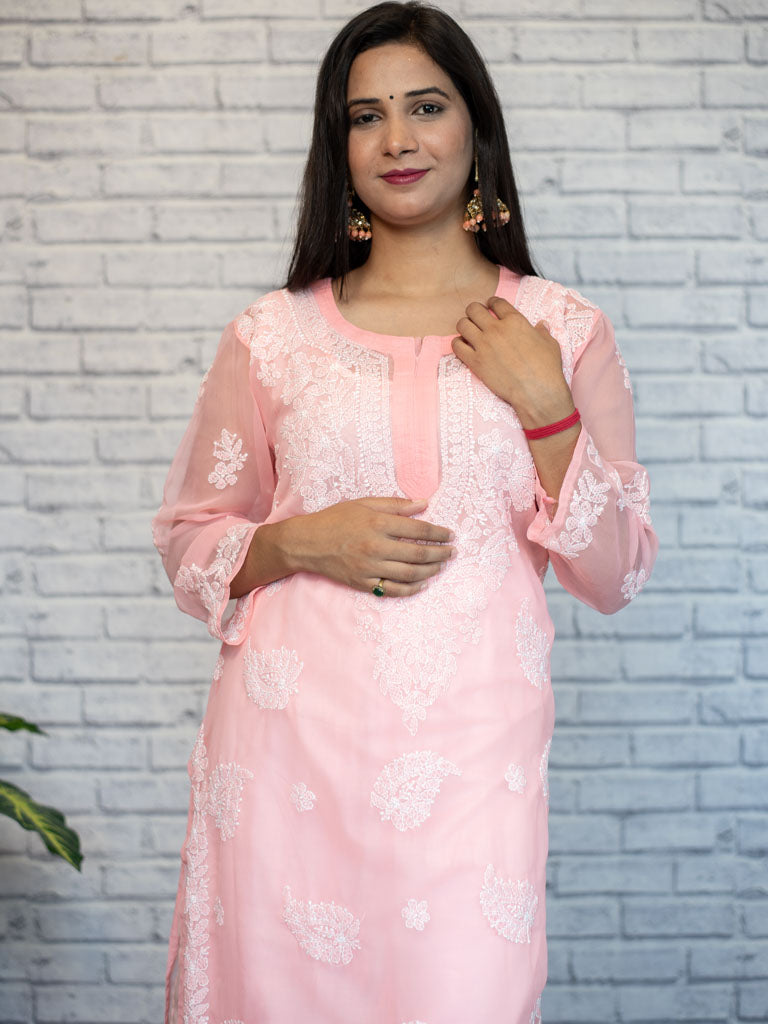 Readymade Floral Chikankari Georgette Kurti-Baby Pink