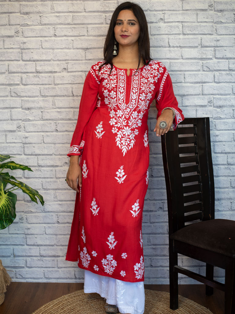 Readymade Floral Chikankari Rayon Kurti-Red