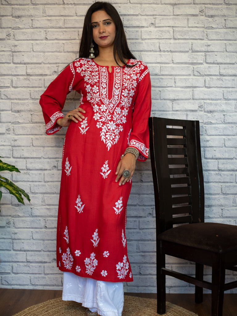 Readymade Floral Chikankari Rayon Kurti-Red