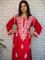 Readymade Floral Chikankari Rayon Kurti-Red