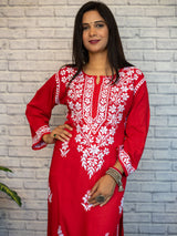 Readymade Floral Chikankari Rayon Kurti-Red