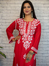 Readymade Floral Chikankari Rayon Kurti-Red