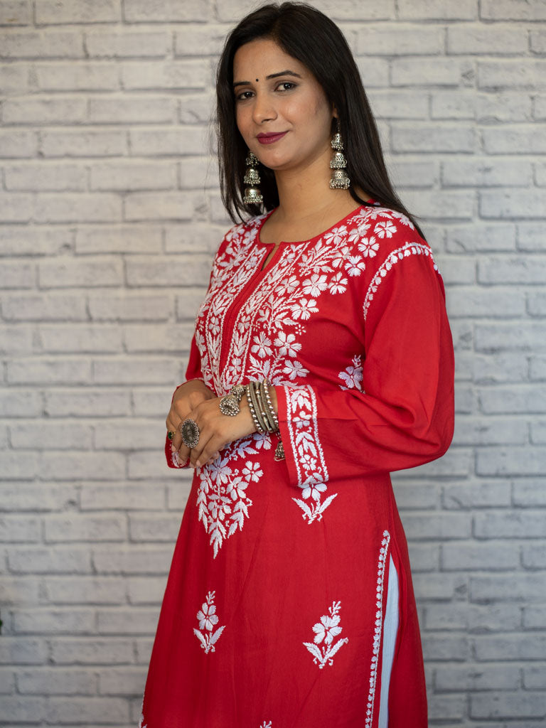 Readymade Floral Chikankari Rayon Kurti-Red