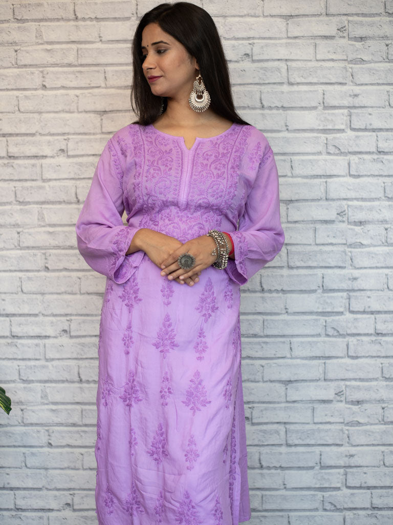 Readymade Floral Self Chikankari Modal Kurti-Purple