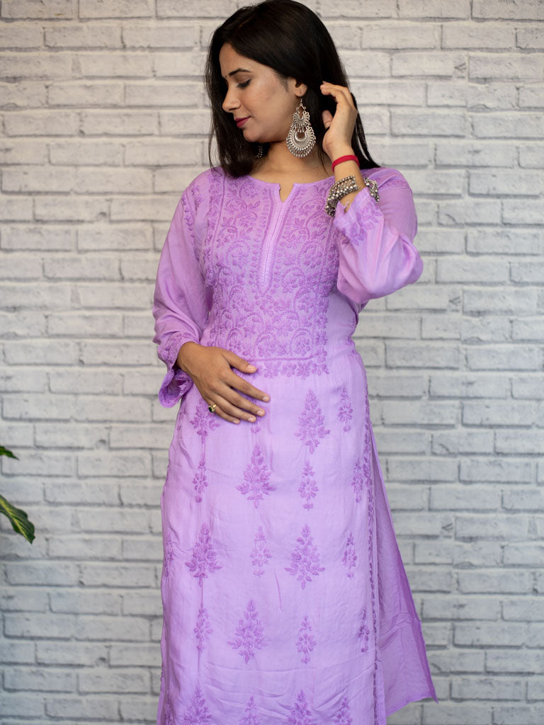 Readymade Floral Self Chikankari Modal Kurti-Purple