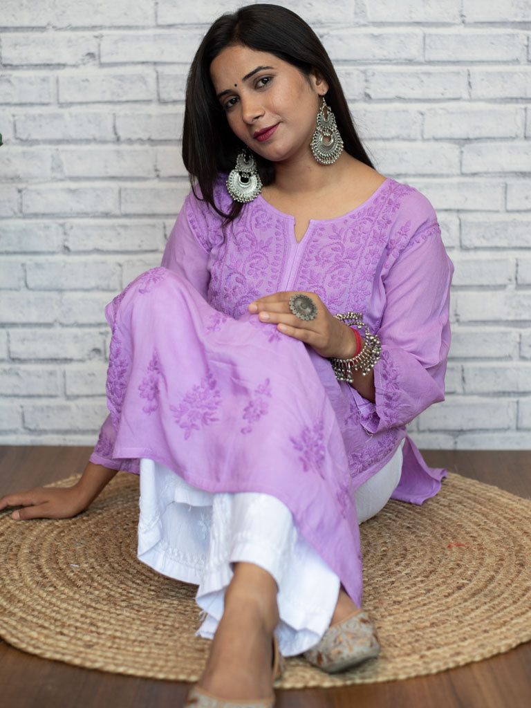 Readymade Floral Self Chikankari Modal Kurti-Purple