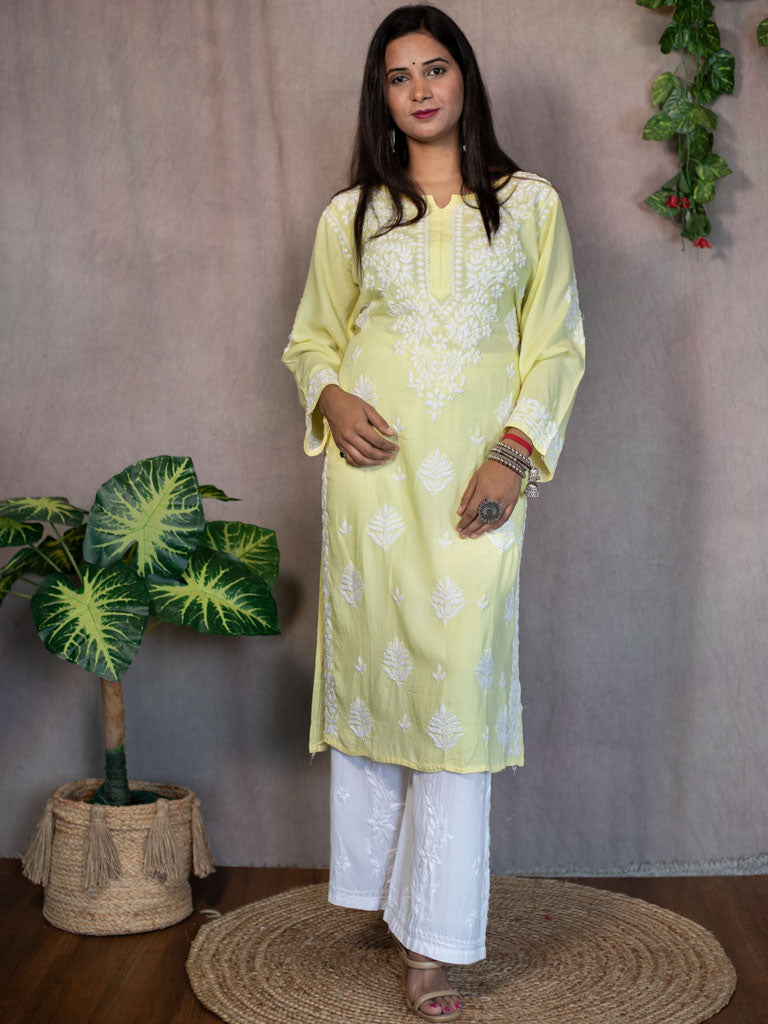 Readymade Floral Chikankari Rayon Kurti-Lemon Yellow