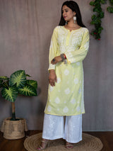 Readymade Floral Chikankari Rayon Kurti-Lemon Yellow