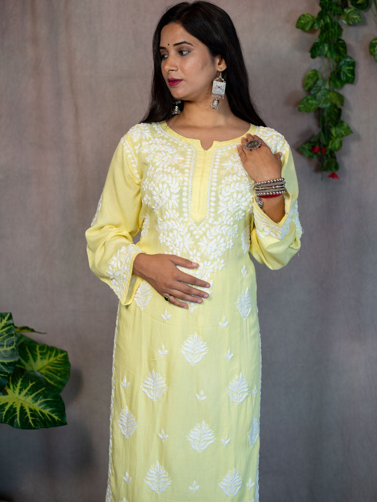 Readymade Floral Chikankari Rayon Kurti-Lemon Yellow