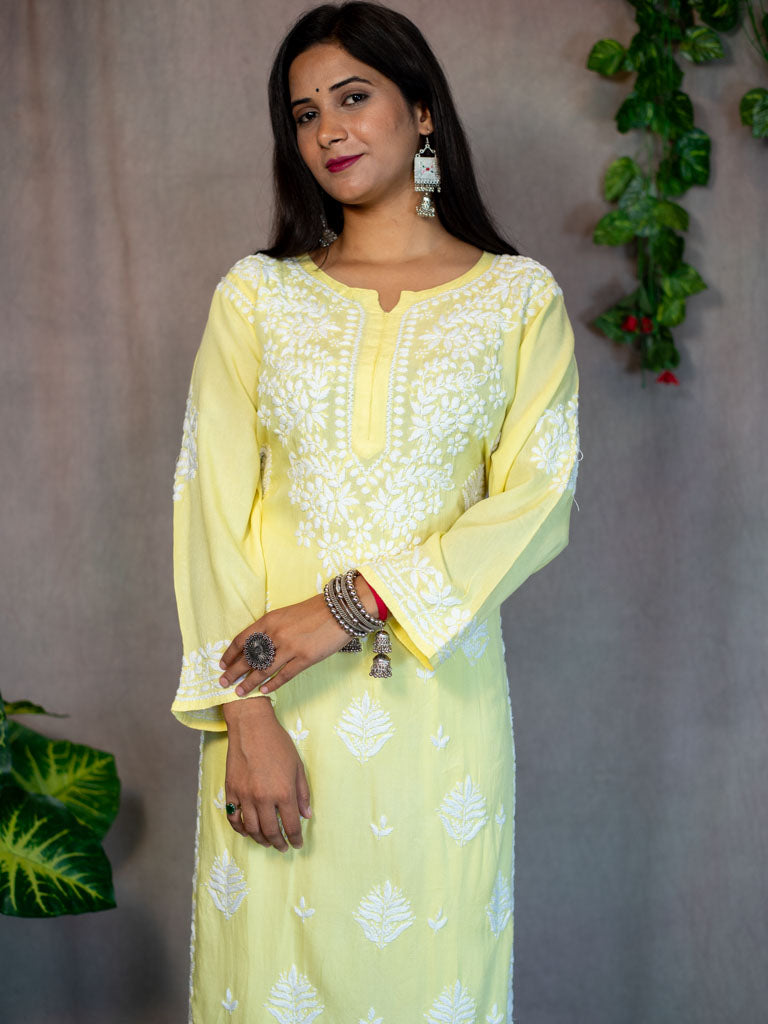 Readymade Floral Chikankari Rayon Kurti-Lemon Yellow