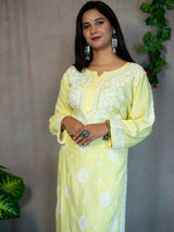 Readymade Floral Chikankari Rayon Kurti-Lemon Yellow