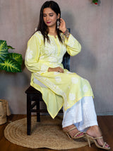 Readymade Floral Chikankari Rayon Kurti-Lemon Yellow