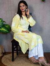 Readymade Floral Chikankari Rayon Kurti-Lemon Yellow